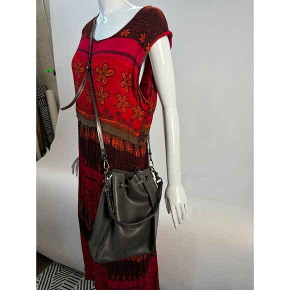 Neiman Marcus Gray Leather Look Drawstring Crossbody Bag Adjustable Strap - Picture 7 of 16